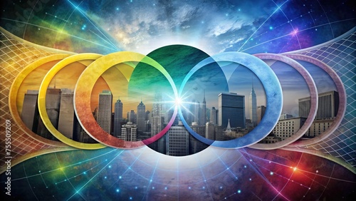 a series of colorful concentric circles surrounding a city skyline at dusk