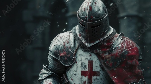 Portrait of Medieval crusader Warrior with armour and red cross. Cloud smoke on Background photo