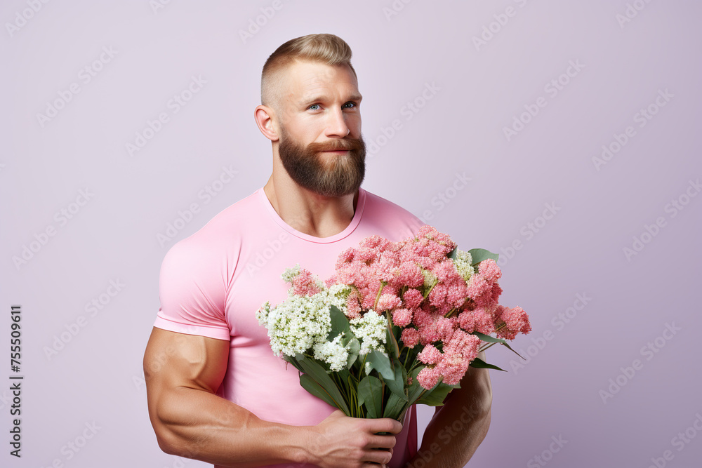 muscular caucasian bearded man with artistic composition made of flowers, on pink muscular caucasian bearded man with artistic composition made of flowers, on pink