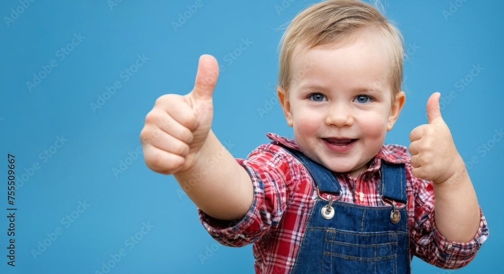 A smiling baby boy is giving a thumbs up gesture. Concept of happiness and positivity, as the baby is expressing approval or satisfaction. The blue background adds a calming A smiling baby boy is giving a thumbs up gesture. Concept of happiness and positivity, as the baby is expressing approval or satisfaction. The blue background adds a calming