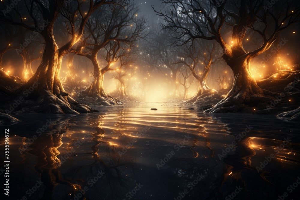 Fototapeta premium Enchanting forest with mystical lights, creating a magical display of wonder and beauty at night