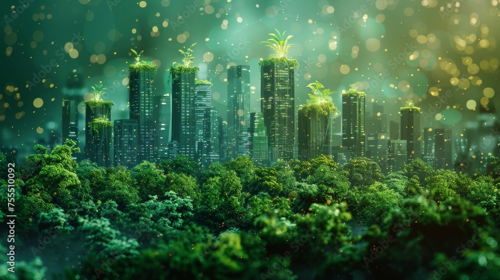 A neon ribbon drapes the city with a sprout on top. Low poly wireframe isolated on green background. City greening. Landscape technologies in city silhouettes. Plexus lines and points.