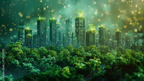 A neon ribbon drapes the city with a sprout on top. Low poly wireframe isolated on green background. City greening. Landscape technologies in city silhouettes. Plexus lines and points. photo