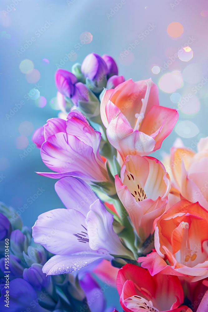 An elegant vibrant greeting card background  for International Women's Day. A bouquet of spring flowers - freesia , with a soft and glowing bokeh background. Pastel flower banner with copy space.