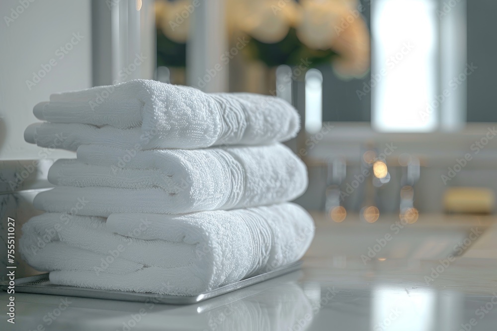 A stack of white towels on a counter next to a sink. The towels are neatly folded and arranged in a pyramid shape. Concept of cleanliness and organization