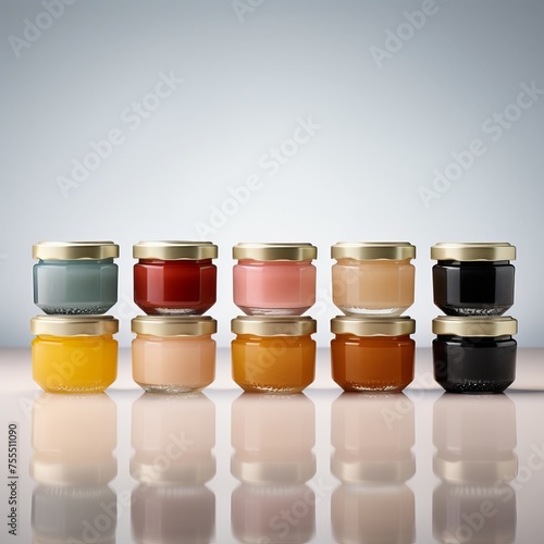 Assorted Honey Jars on Reflective Surface with Gradient Background