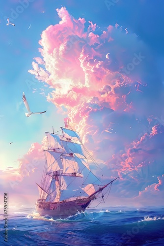 Ai veliero in mare fra nubi rosa 01 photo
