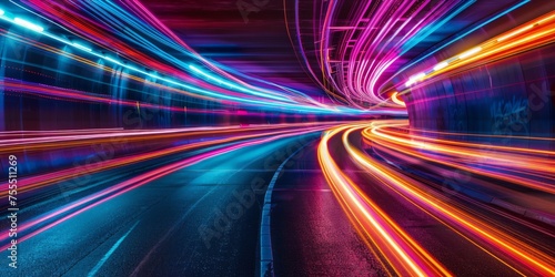 Abstract light trails with neon glow on a dark background