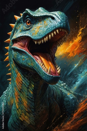 Ferocious velociraptor is depicted with immense detail against a dramatic fiery backdrop, evoking power © ArtistiKa