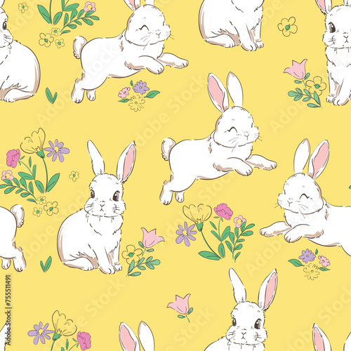 Cute rabbits and flower background vector seamless pattern, Bunnys beautiful illustration for the fabric, paper © Alsu Art