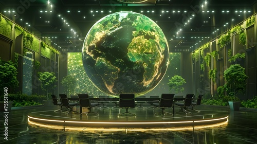 A large green globe is the centerpiece of a room with a lot of greenery