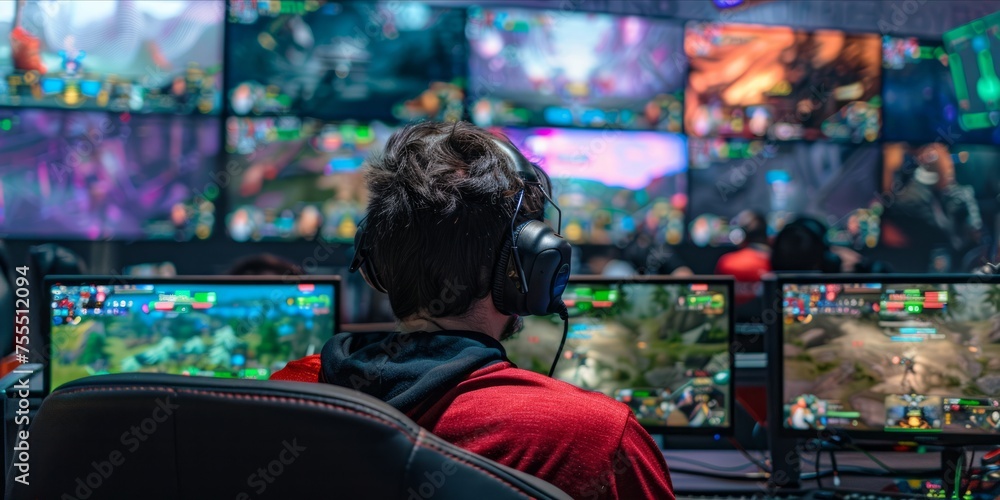 Gamer at a competitive gaming event with multiple screens