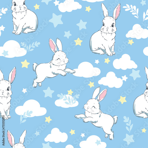 Hand Drawn Cute Bunny Pattern Vector, print design rabbit background, print textile Sweet design kids pajamas © Alsu Art