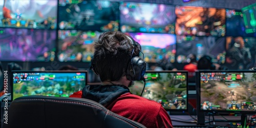 Gamer at a competitive gaming event with multiple screens