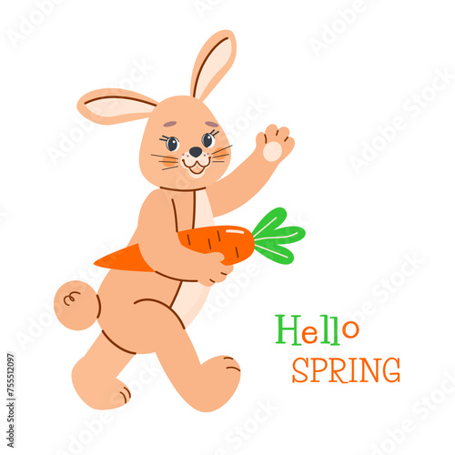 Cheerful bunny carries ripe fresh carrot under his arm and waves greeting with his hand. Cute vector children's spring illustration on white isolated background in flat style.