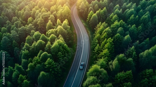 A car is driving down a winding road surrounded by trees © basiczto