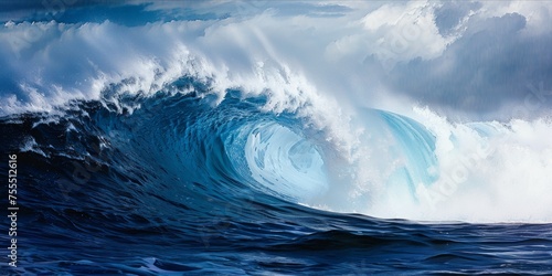 Crashing blue ocean wave with spray.