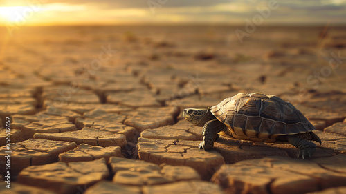 A turtle crawls across the dry land.