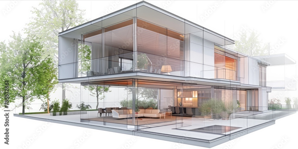 Transparent architectural rendering of a modern house.