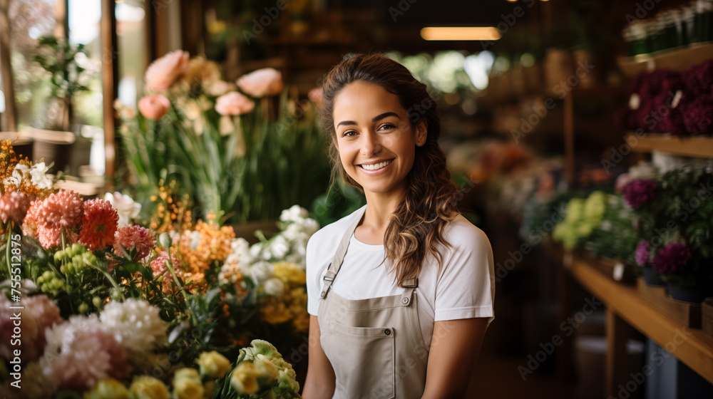 Portrait of cheerful woman standing in her flower shop.