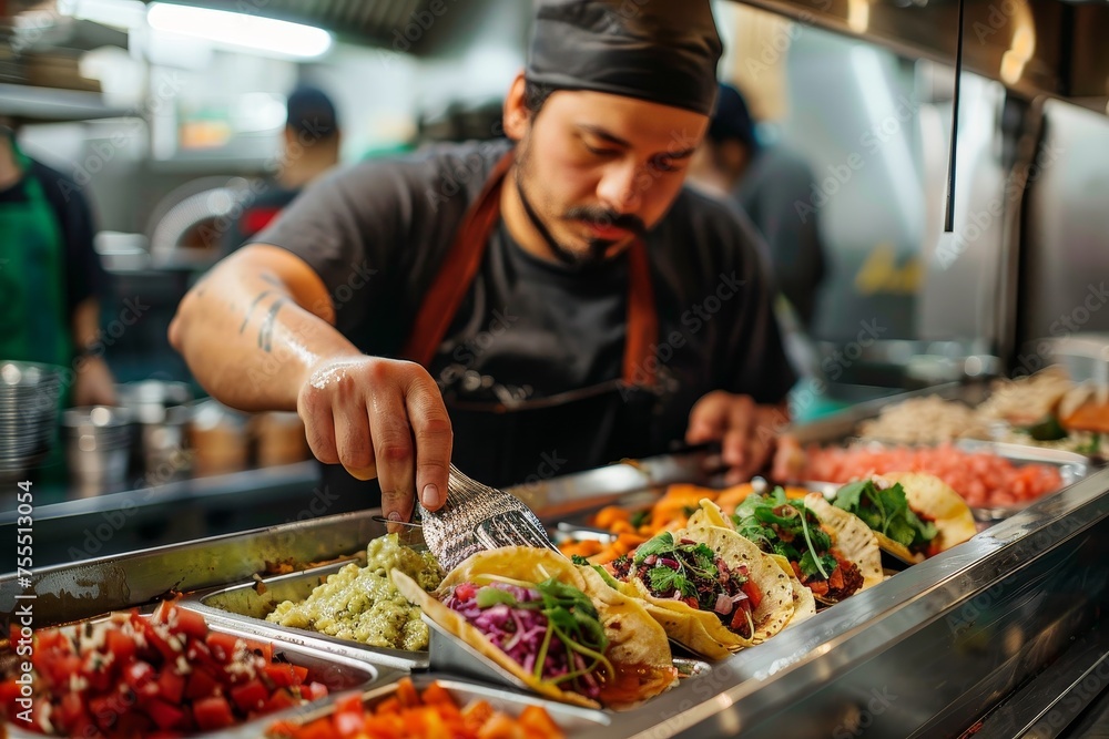 A male chef carefully adds toppings to tacos in a stainless steel commercial kitchen