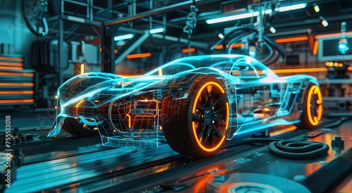 A futuristic electric car with transparent bodywork is being constructed in an advanced factory