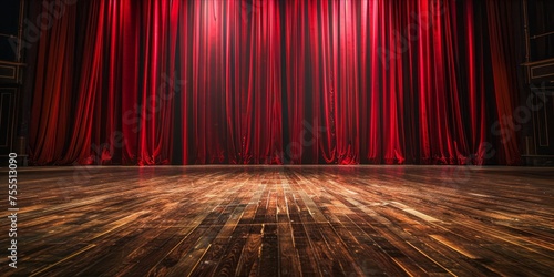 Empty theater stage with red curtains and spotlight.