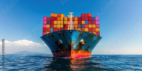 Large cargo ship carrying colorful containers at sea.