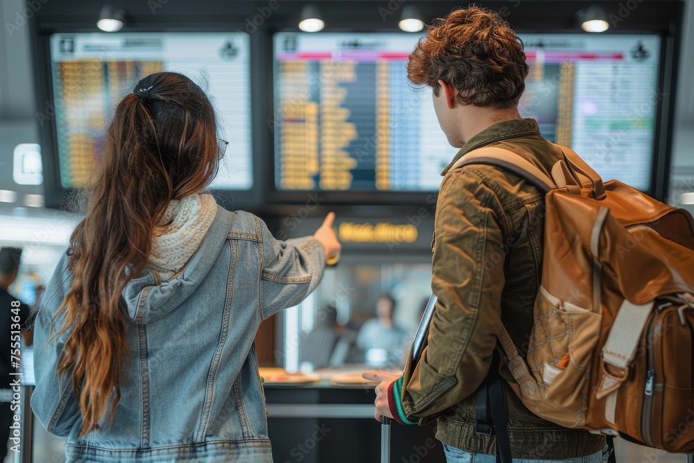 A young couple stands before a flight information board at airport, likely planning their journey
