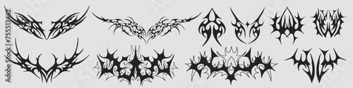 Neo Tribal Shapes Collection. Set Of Y2k Cyber Sigilism Tattoo Gothic Patterns Vector Design. Streetwear Print Graphic.