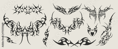 Neo Tribal Shapes Collection. Set Of Y2k Cyber Sigilism Tattoo Gothic Patterns Vector Design. Streetwear Print Graphic.