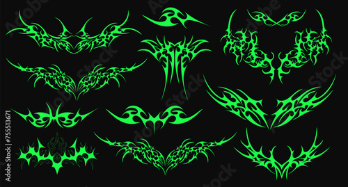 Neo Tribal Shapes Collection. Set Of Y2k Cyber Sigilism Tattoo Gothic Patterns Vector Design. Streetwear Print Graphic.