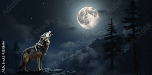 A wild and lonely wolf howling at the full moon in a dark forest at night with its fur and eyes glo ai generative
