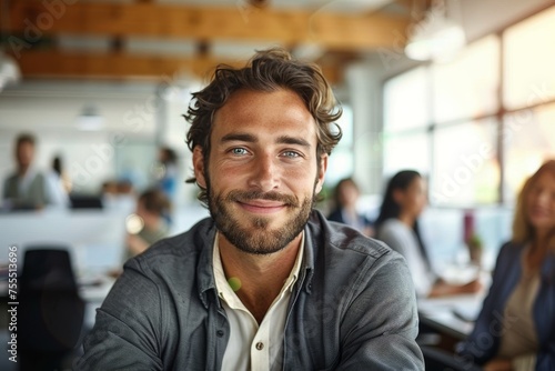 A handsome man with a genuine smile poses in a bustling open office space, wearing casual attire