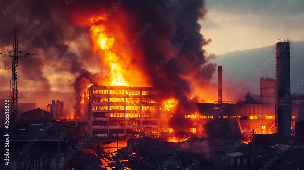 A large factory building is on fire with lots of flames and smoke