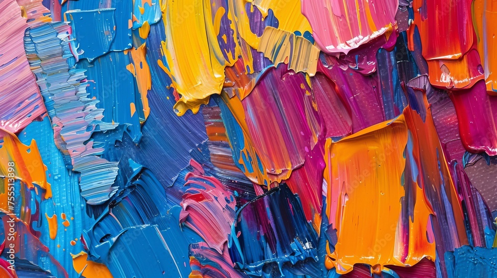 The art painting is abstract. It is a modern artwork, a painting of paint blobs, strokes of paint, techniques of knife painting. The oil painting is large strokes and wall art.