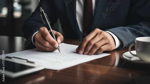 Businessman use elegant pen to signing contract in modern office. The entrepreneur employs a pen to create a notation on the booking schedule.