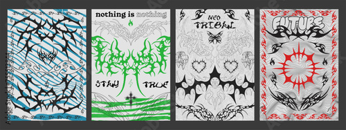 Set Of Neo Tribal Posters. Cyber Sigilism Tattoo Shape Placards. Cool Metal Album Covers.