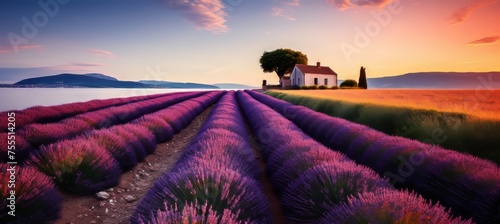 Country road winding through lavender field at summer sunset, vibrant colors and peaceful ambiance