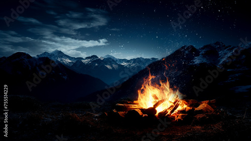 Outdoor bonfire with mountain landscape at night