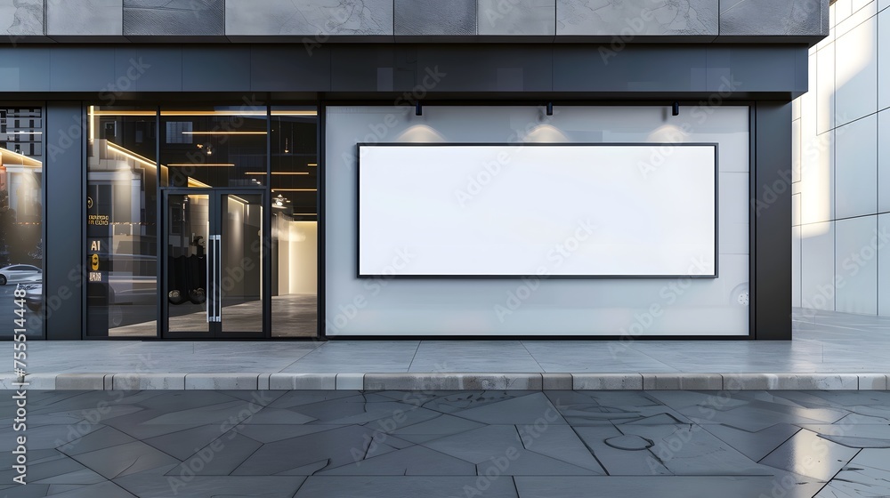 Blank whiteboard on the wall in front of coffee shop, near the the entrance glass door. restaurant, outdoors. front view. copy space, mockup product. Blank whiteboard on the wall in front of coffee shop, near the the entrance glass door. restaurant, outdoors. front view. copy space, mockup product.