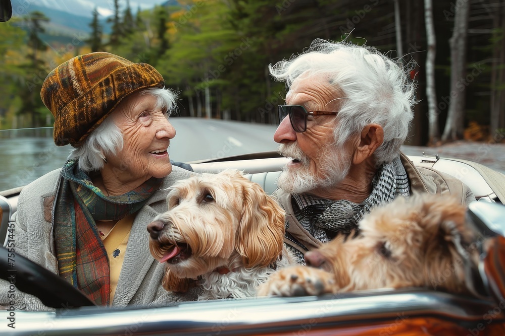An older couple enjoys a scenic foliage drive with their cheerful dogs in a vintage convertible exploring the beauty of autumn An older couple enjoys a scenic foliage drive with their cheerful dogs in a vintage convertible exploring the beauty of autumn