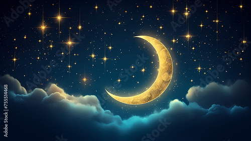 Ramadan illustration, golden shining crescent moon