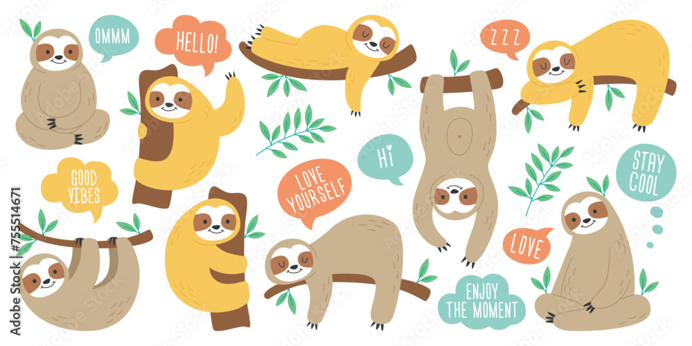 Lazy sloths funny animals cartoon character hanging, lying, hugging and climbing branch isolated set Lazy sloths funny animals cartoon character hanging, lying, hugging and climbing branch isolated set