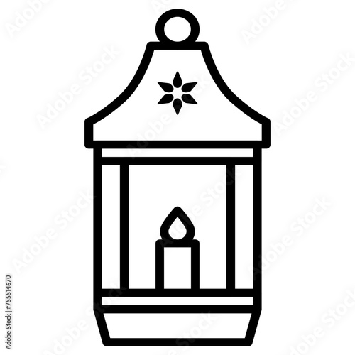 Black Line Vintage Lantern Symbol Icon Vector. Illustration of a hanging candle lantern or antique kerosene lamp