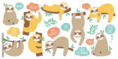 Fototapeta Naklejka Na Ścianę i Meble -  Lazy sloths funny animals cartoon character hanging, lying, hugging and climbing branch isolated set