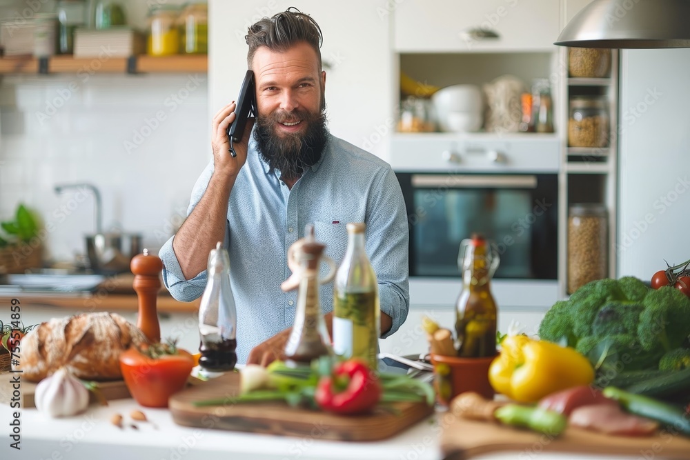 A cheerful bearded man talks on the phone while preparing food in a kitchen A cheerful bearded man talks on the phone while preparing food in a kitchen