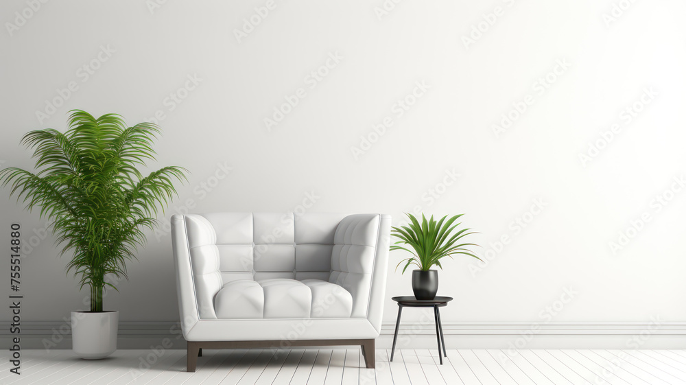 Fototapeta premium Modern minimalist interior with an armchair on empty white color wall background