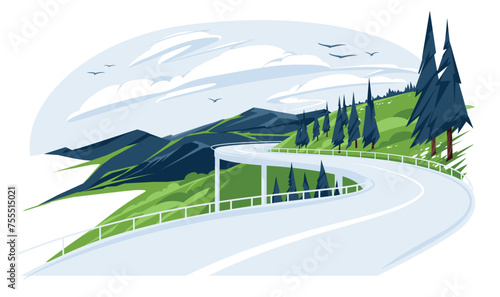 Mountains highway spring or summer landscape. Green meadow with coniferous trees in the valley. Vector flat illustration. Tourism and travel.