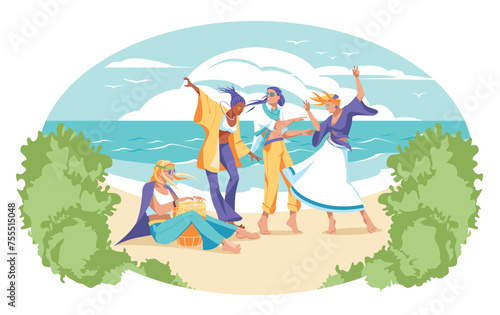 People celebrate and dance on the beach. A party in the atmosphere of summer. Tropical ocean shore. Holiday mood. Vector flat illustration